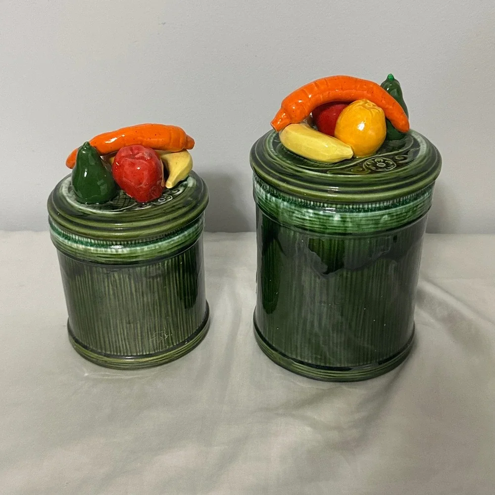 Vintage Fruit Lid Ceramic Canister Avacado Green Tea Flour Jars Good Retro MCM